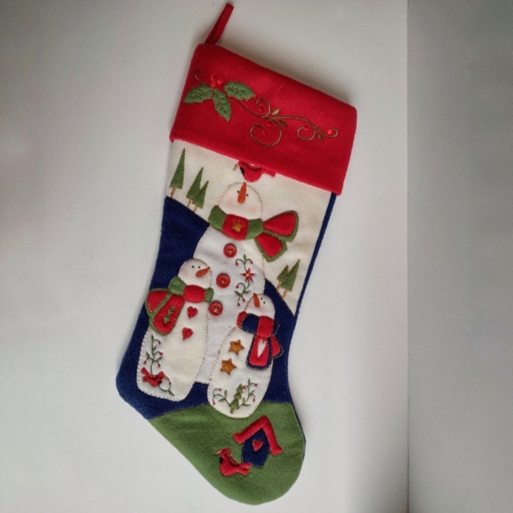 Vintage Christmas / Holiday Stocking Decoration in Red with Snowman Family